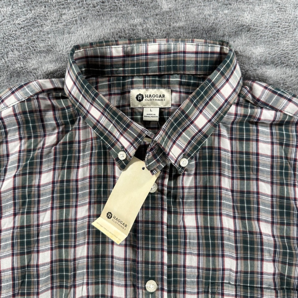 Haggar Button Down Shirt Mens Large Pine Grove Plaid Herringbone 034625